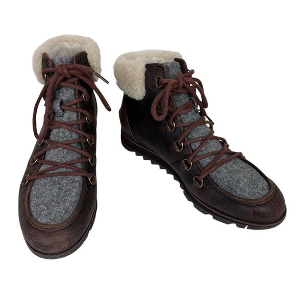 Sorel Harlow Cozy Shearling Ankle Hiker Boots Bootie Leather Wool Lace Up Size 9 - Picture 1 of 13